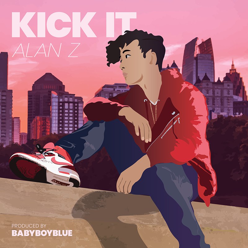 Alan Z, Kick It cover art: a flat-color illustration of the artist seated on a ledge in a red jacket with a pink city skyline behind