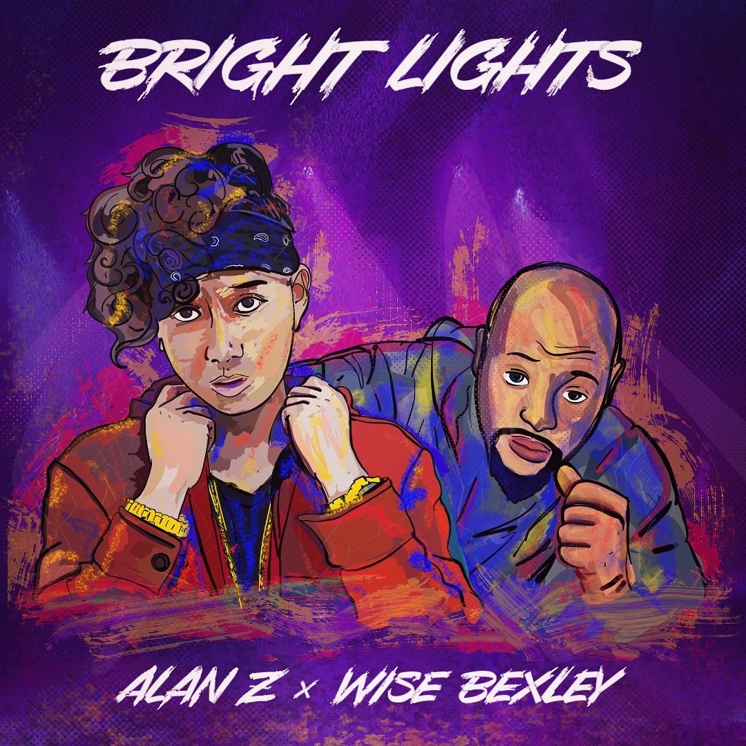 Alan Z and Wise Bexley, Bright Lights cover art: painted portraits of the two artists under purple stage lights