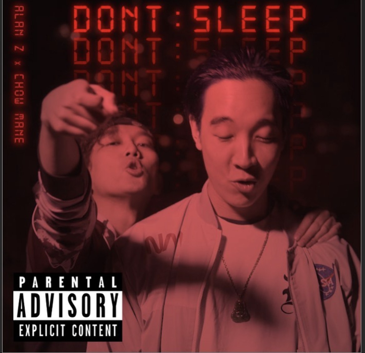 Alan Z and Chow Mane, Dont Sleep cover art: a red-tinted photograph of the two artists under digital clock lettering