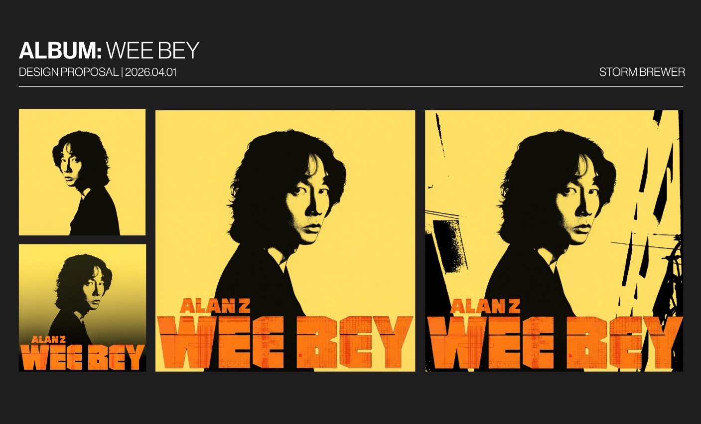 Design proposal board for the Alan Z album Wee Bey: four cover options with a high-contrast black portrait on yellow and orange block lettering