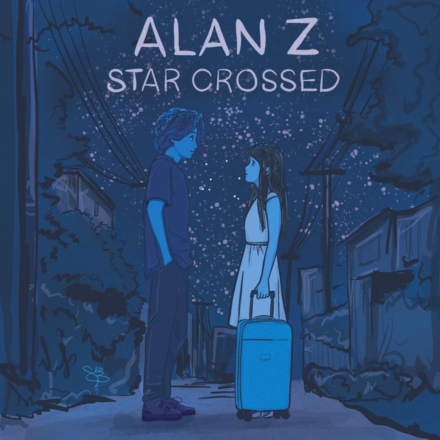 Alan Z, Star Crossed cover art: two figures face each other in a starlit blue alley, one holding a rolling suitcase