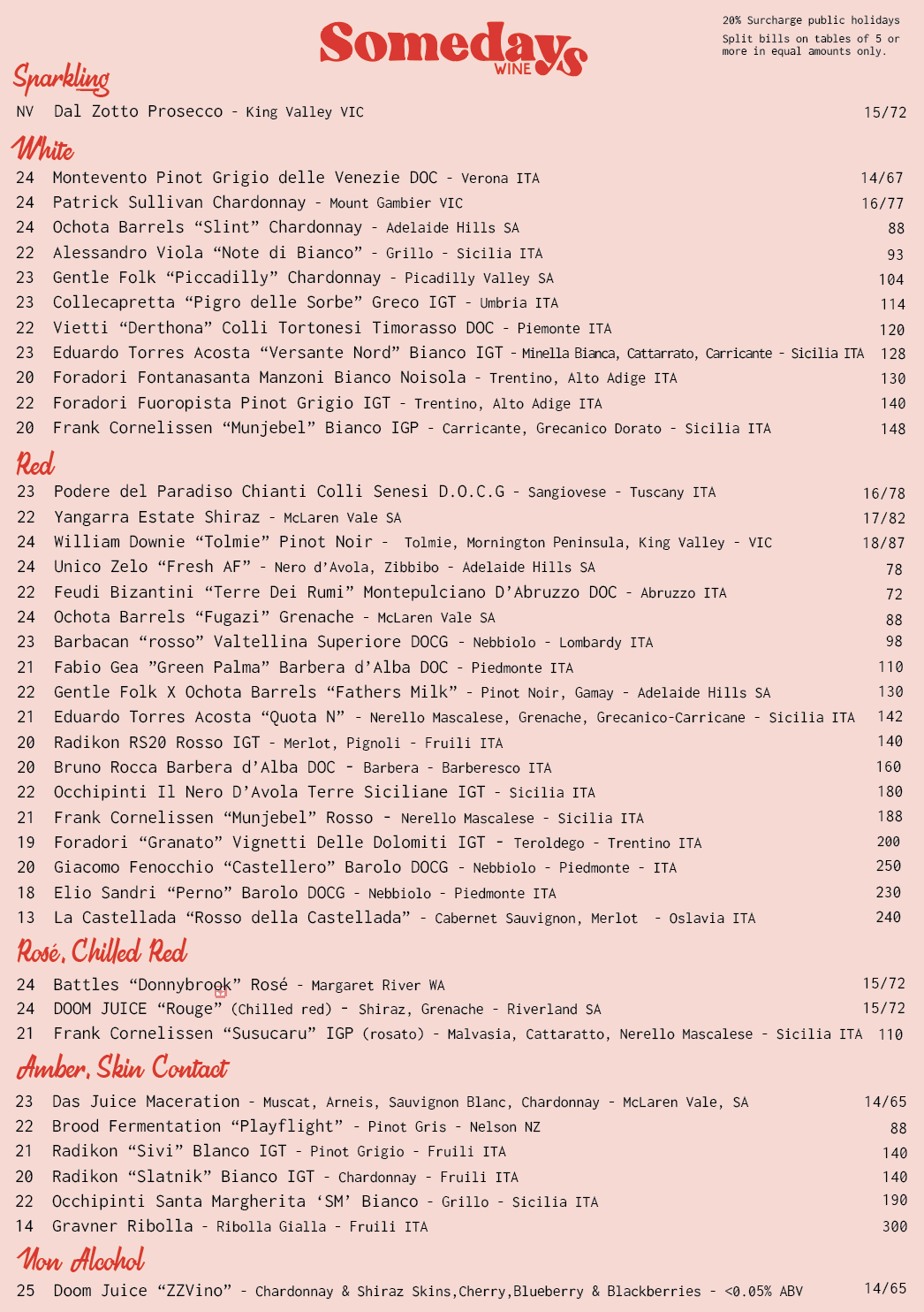 Somedays wine menu featuring lo-fi organic and biodynamic wines from Australia and beyond.