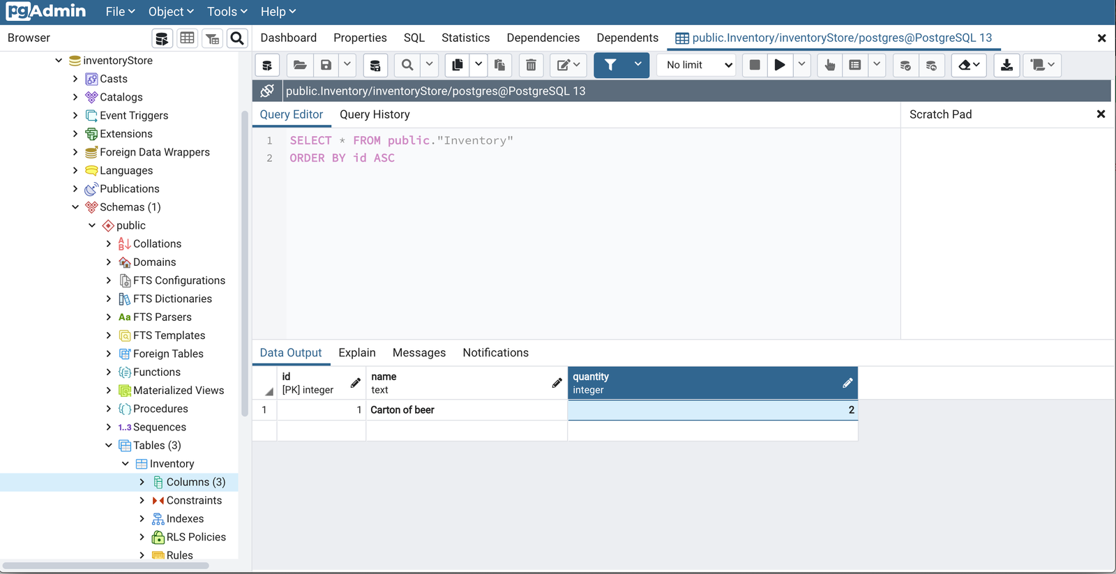 inventoryStore on Postgres