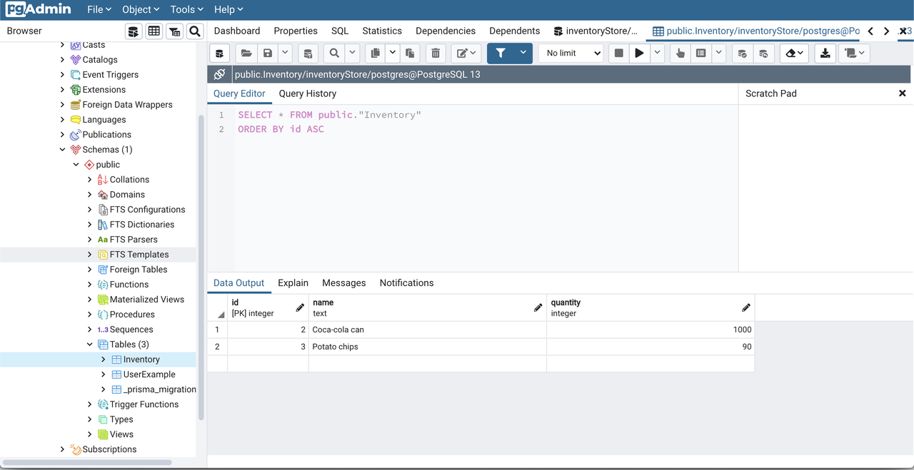 Postgres inventoryStore without the deleted inventory item