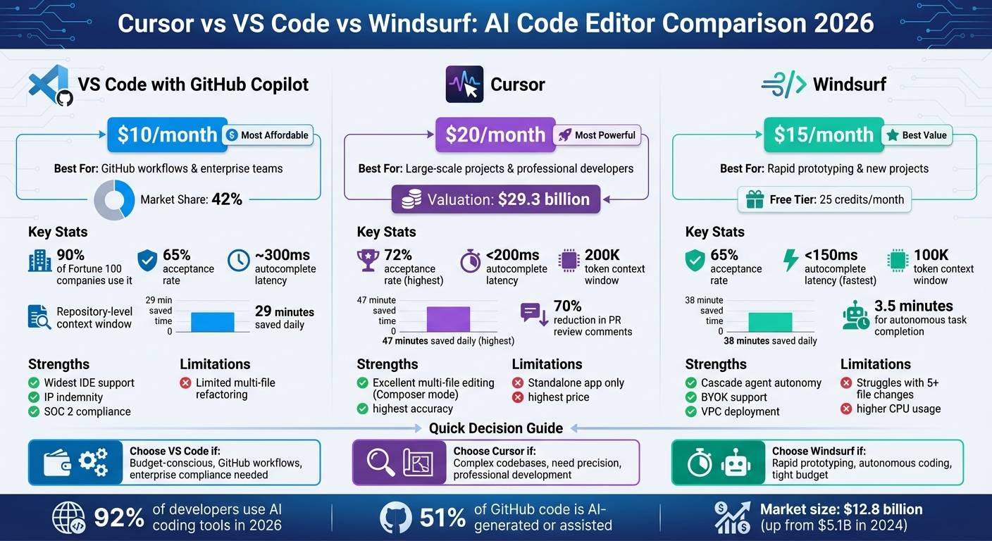 VS Code vs Cursor vs Windsurf: AI Code Editor Comparison 2026