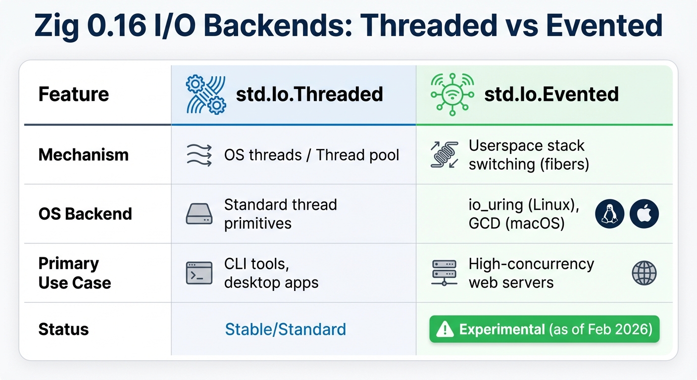 Zig 0.16 I/O Backends Comparison: Threaded vs Evented
