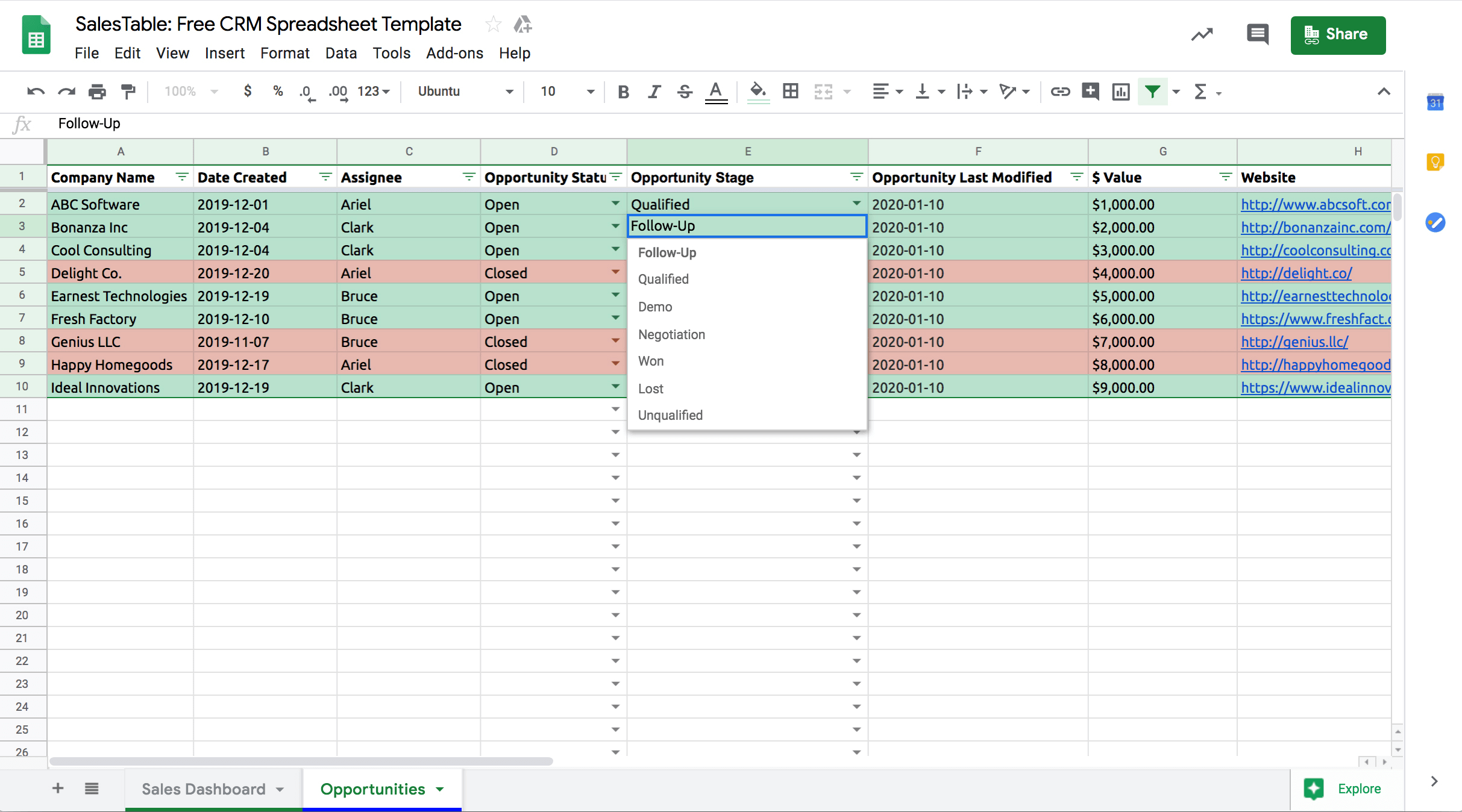 Close Google Sheets CRM Template