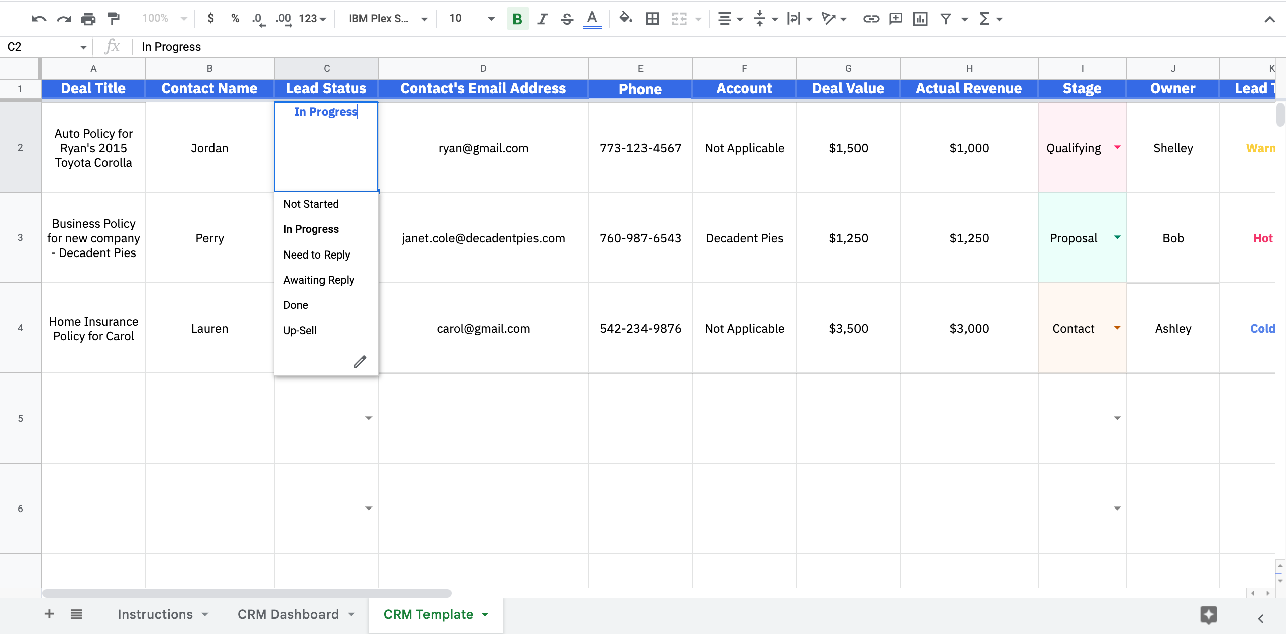 ActiveCampaign Google Sheets CRM template screenshot