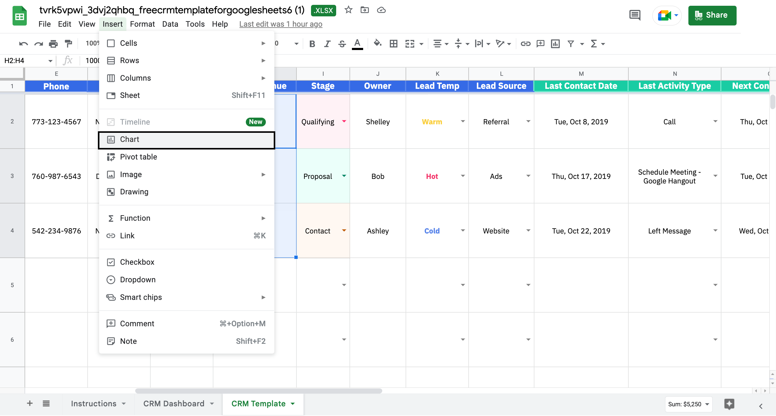 Adding a chart in Google Sheets