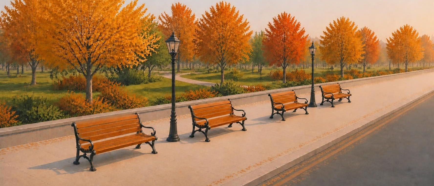 Illustration of empty park benches along a tree-lined sidewalk in autumn