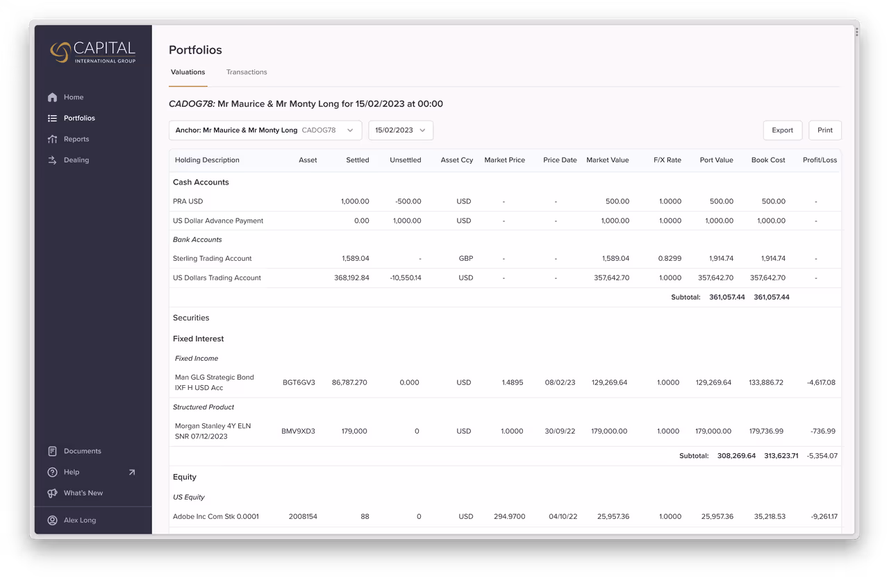 Portfolio screen on the Platform