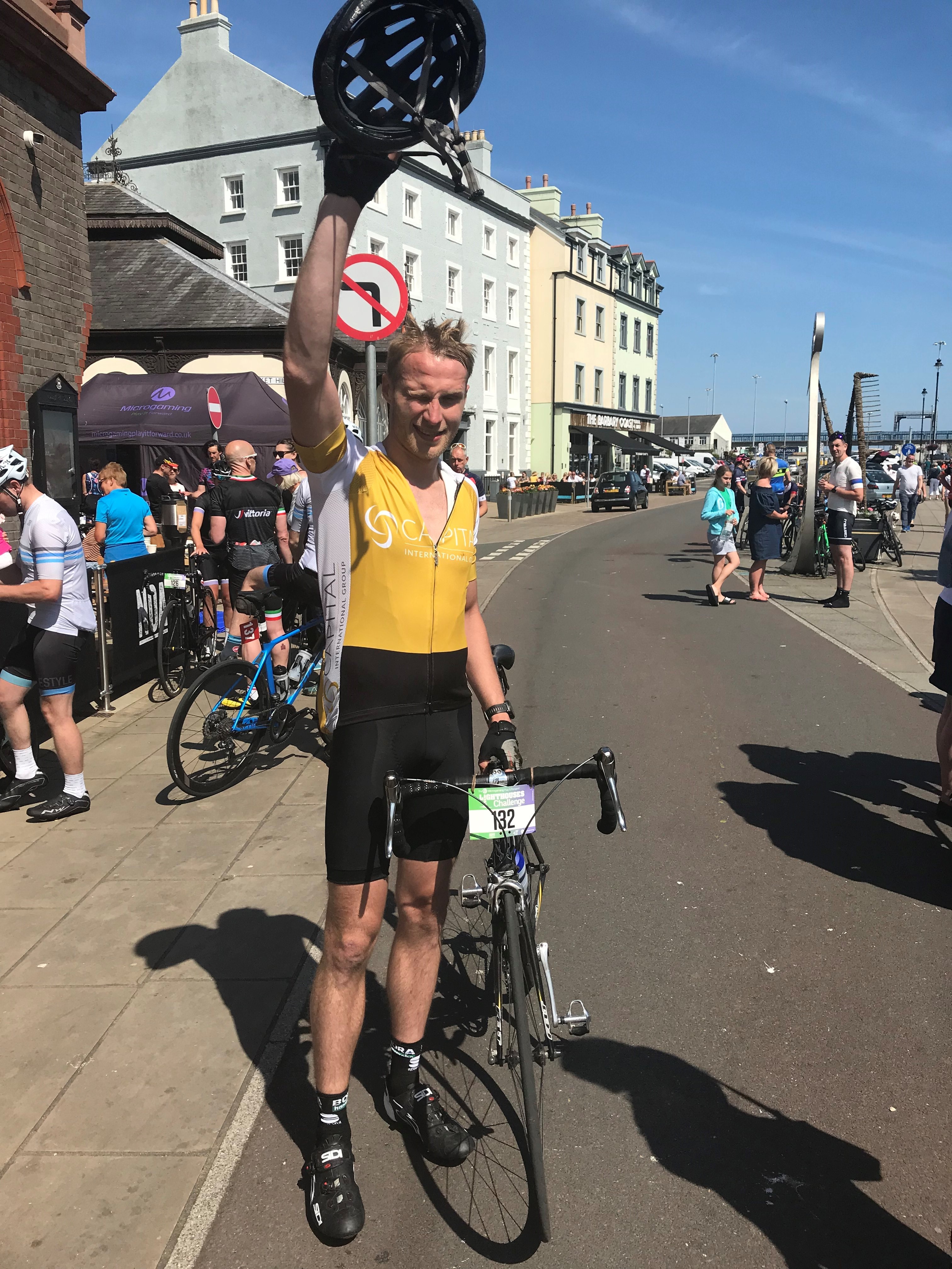 janis at the finish of a cycling race