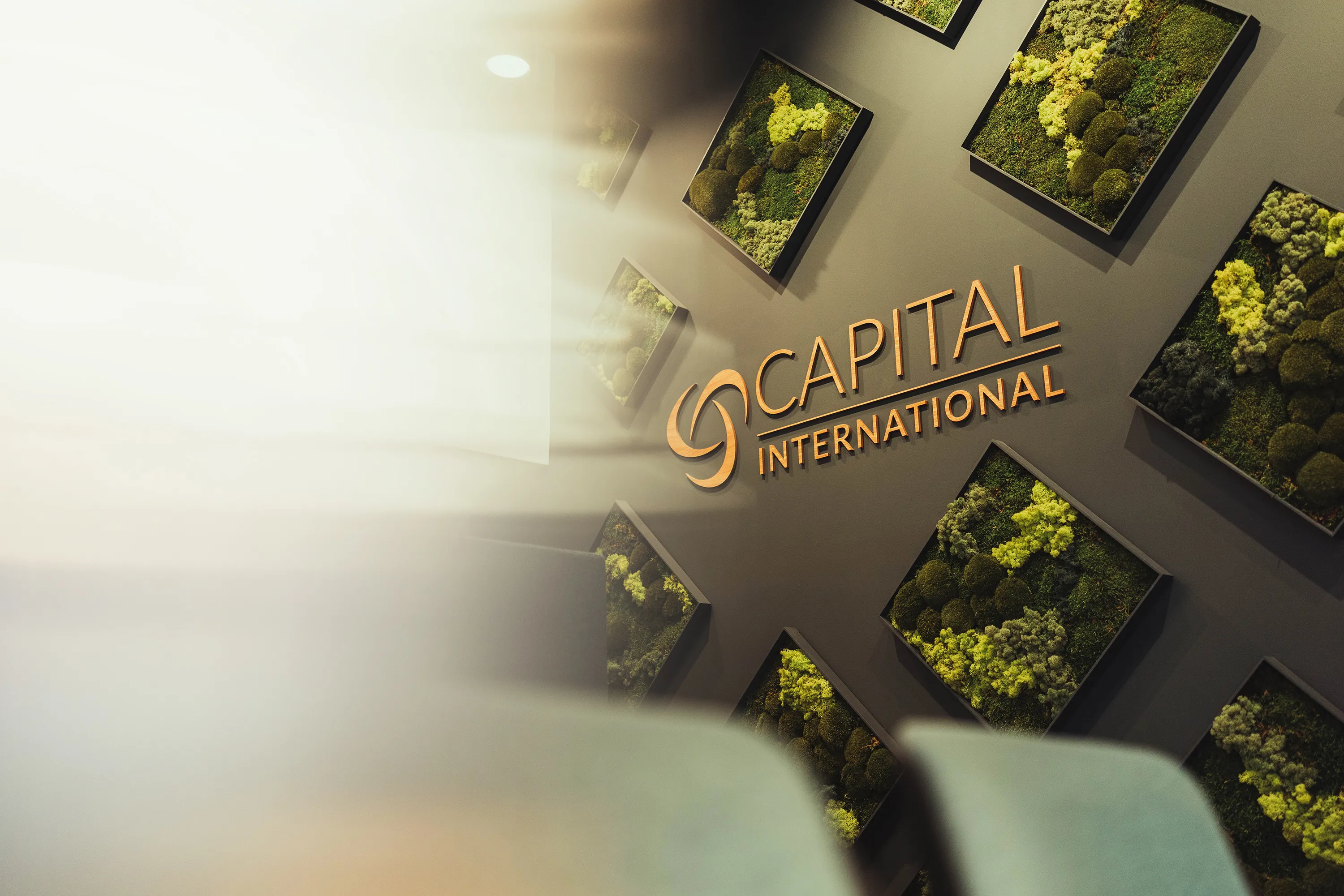 Wall with Capital International logo and decorative frames containing green moss and plants.