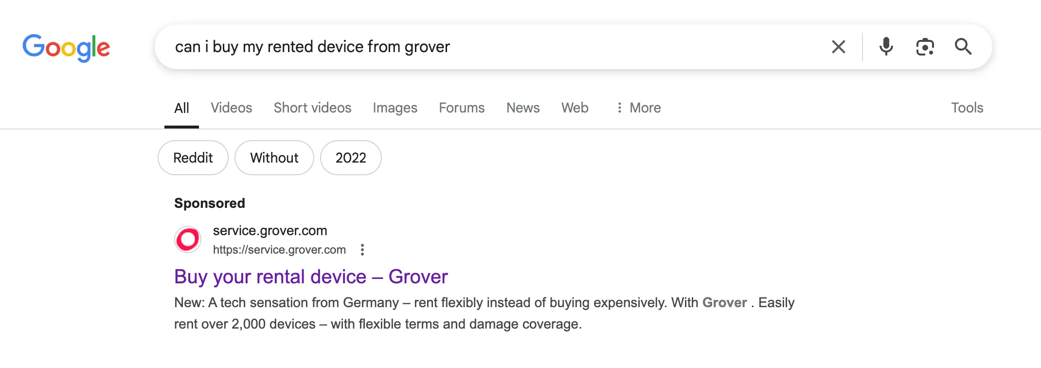 A screenshot of google search results to show that grover advertises its subscription offer as rent to own