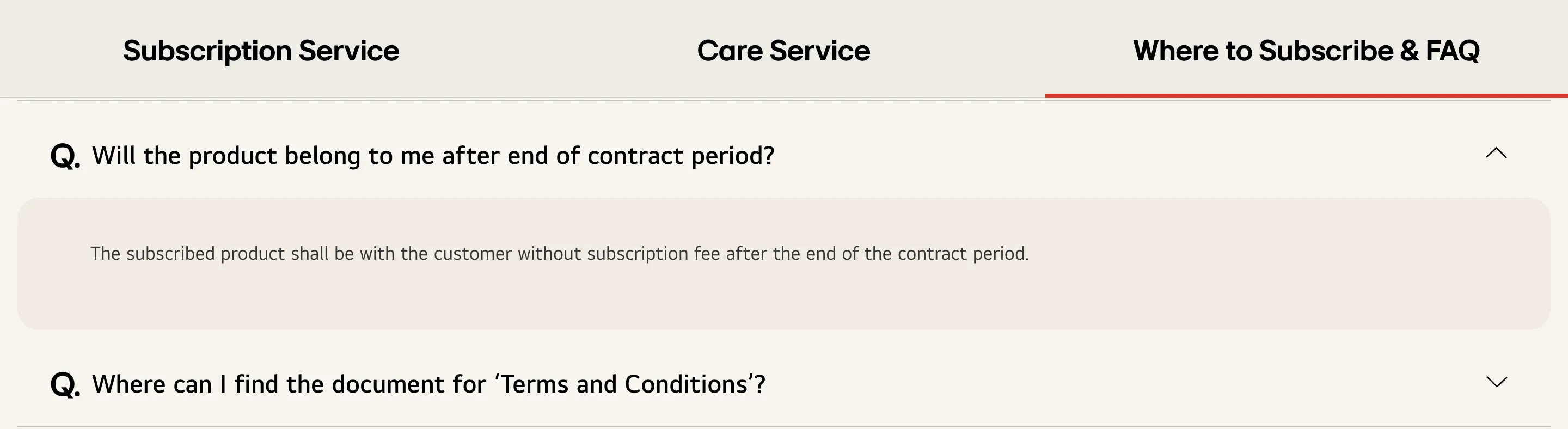 A screenshot of LG's website to show that rented products belong to the customer after the end of the contract period