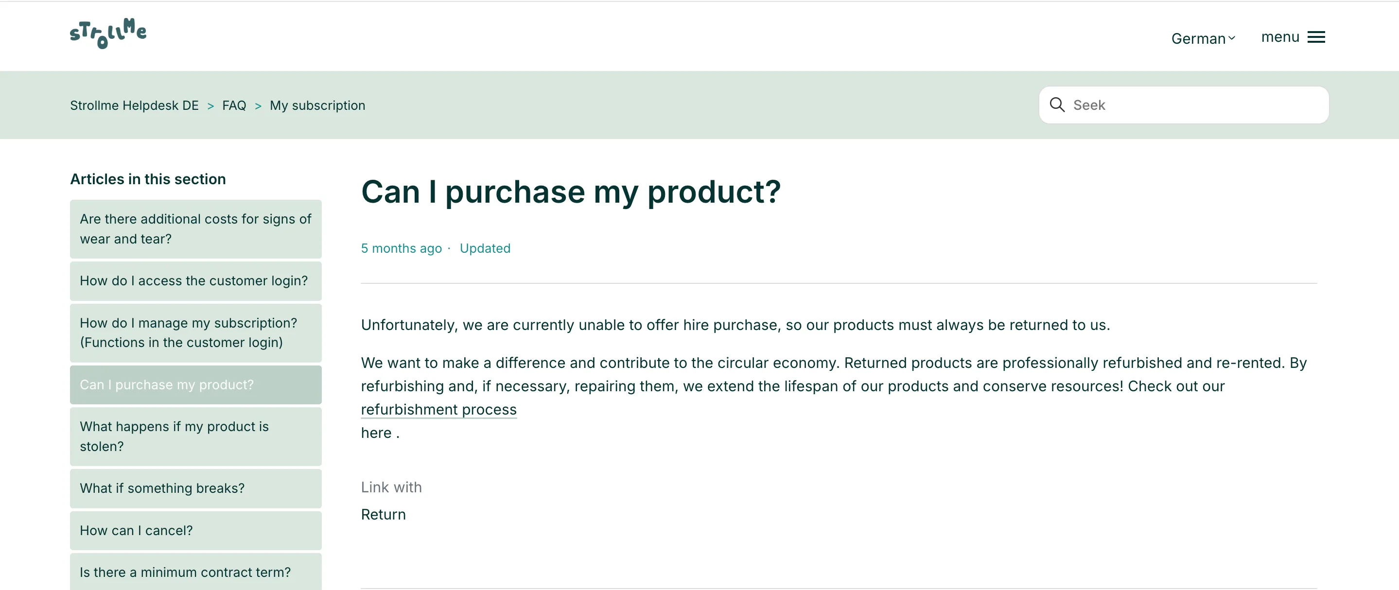 A screenshot of Strollme's website and FAQ section to show that strollme doesnt offer buyouts because their business model is built around re-renting the returned products