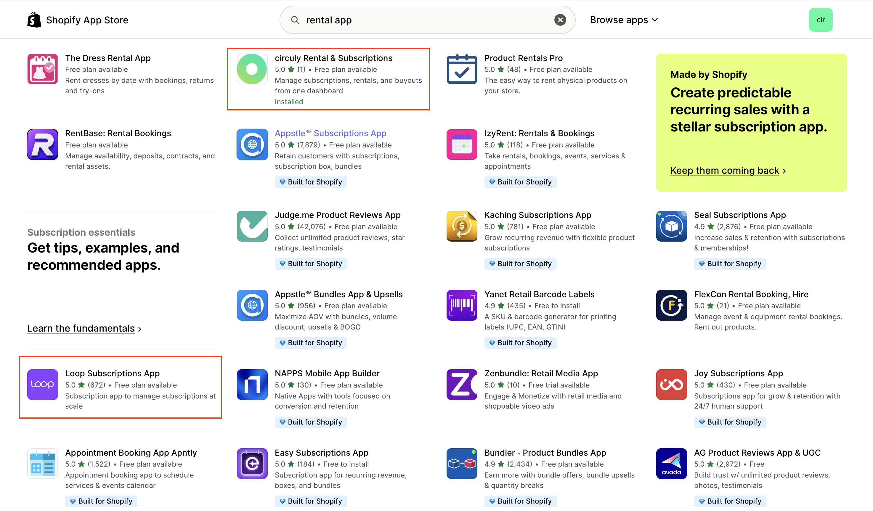 Screenshot of Shopify app store showing the circuly app for subscription management