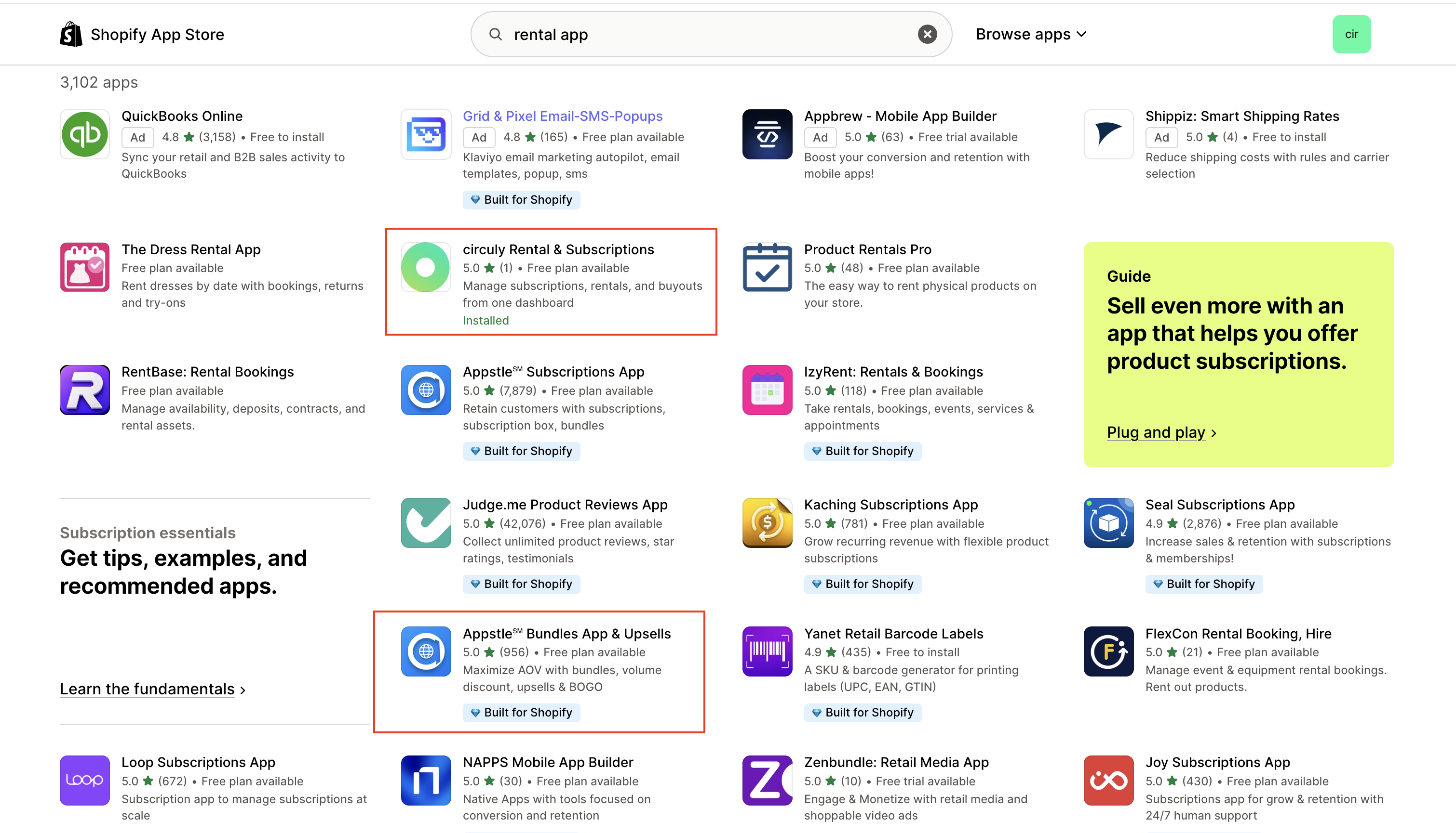 Screenshot of Shopify app store showing circuly & Appstle