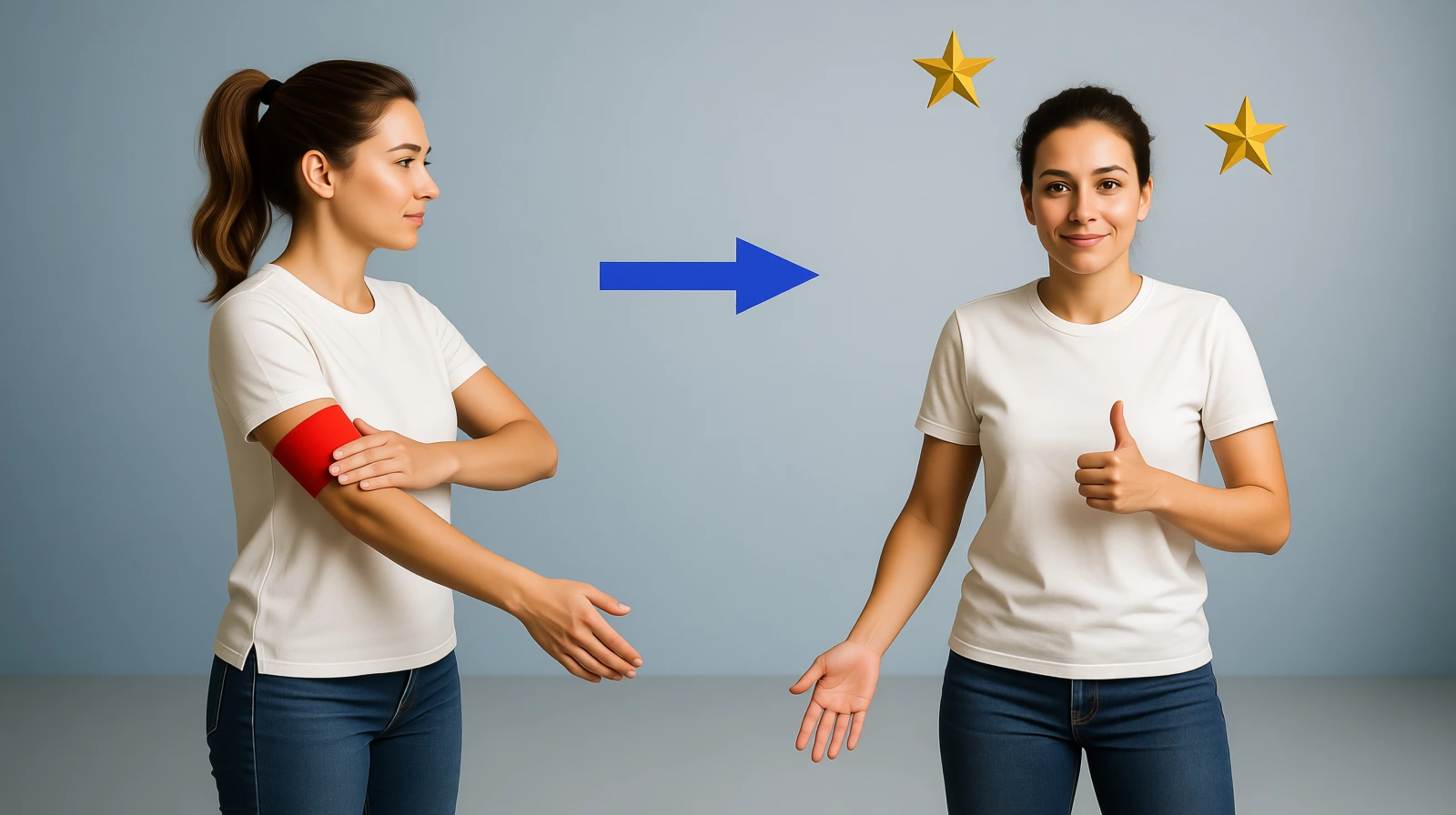 Billedet viser to personer. Den ene har smerter i overarmen. Den anden er blevet helbredt.