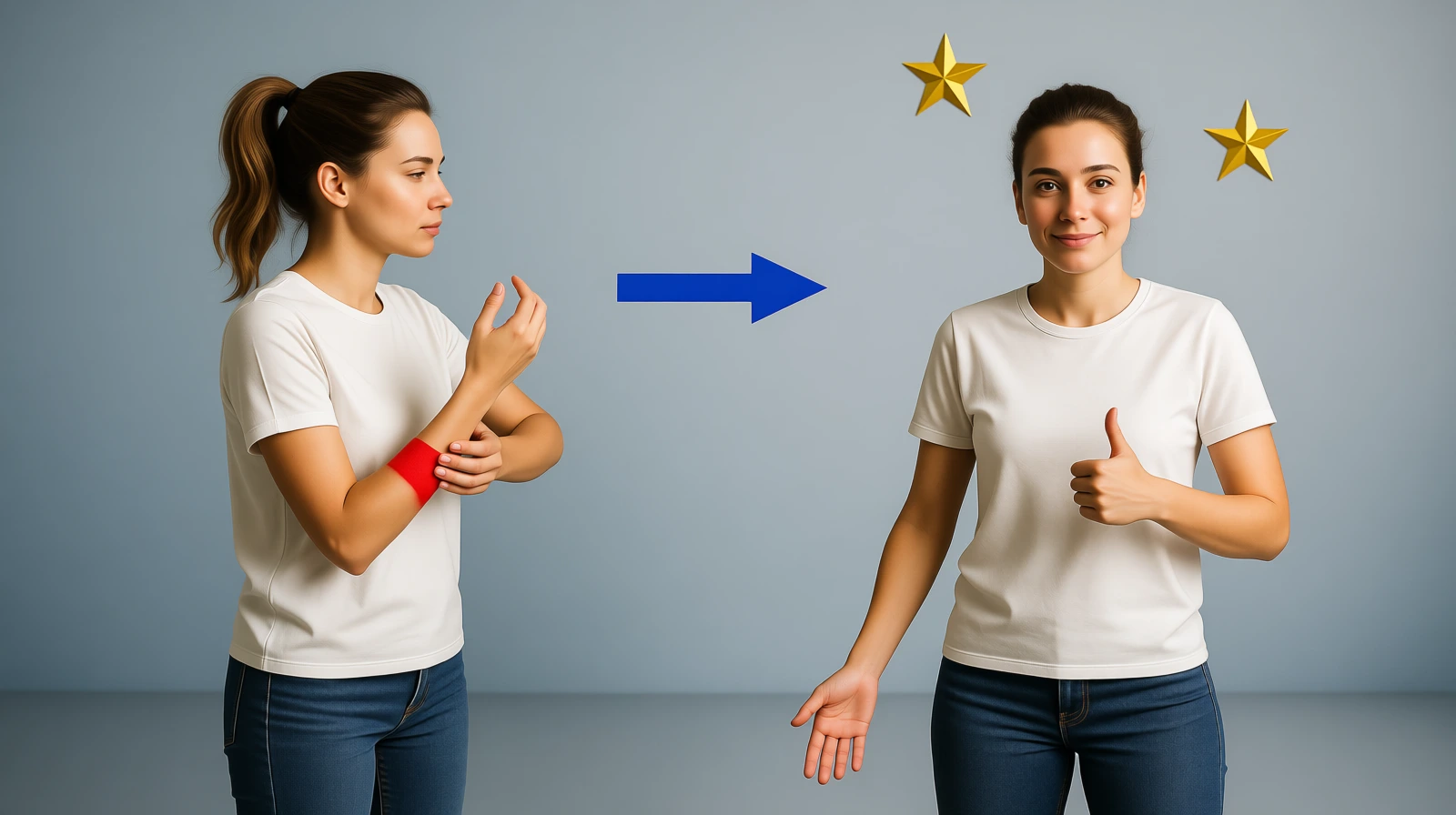 Billedet viser to personer. Den ene har smerter i underarmen. Den anden er blevet helbredt.