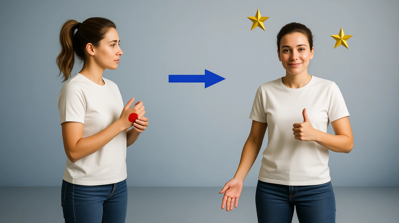 Billedet viser to personer. Den ene har smerter i hånden. Den anden er blevet helbredt.