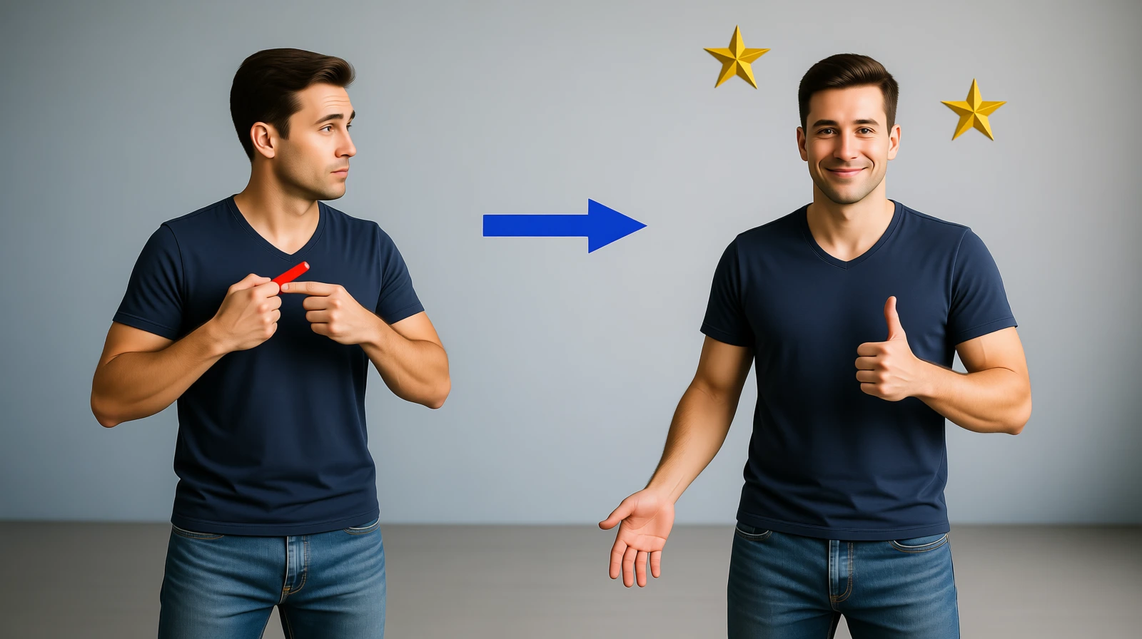 Billedet viser to personer. Den ene har smerter i fingrene. Den anden er blevet helbredt.