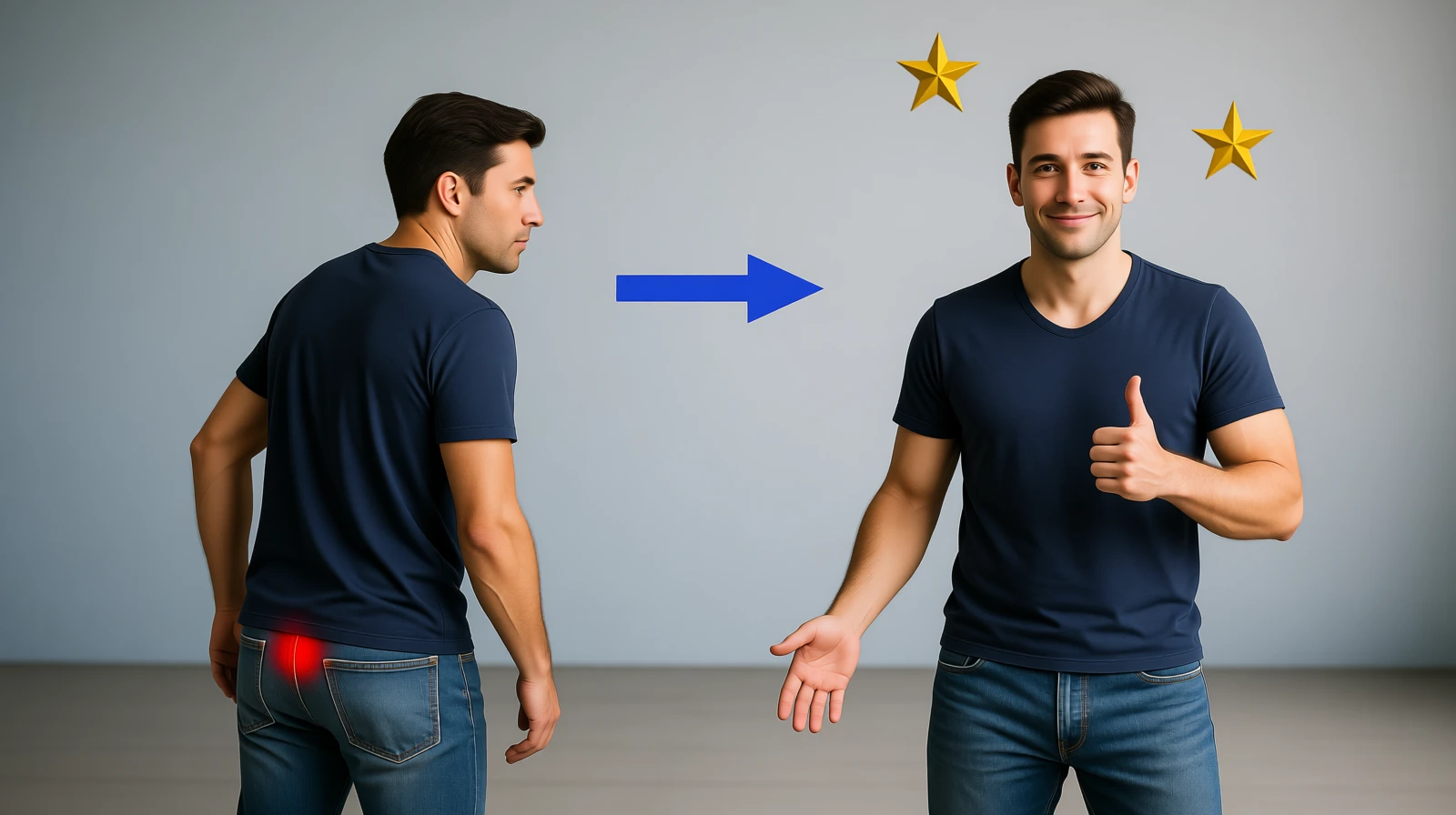 Billedet viser to personer. Den ene har smerter i korsbenet. Den anden er blevet helbredt.