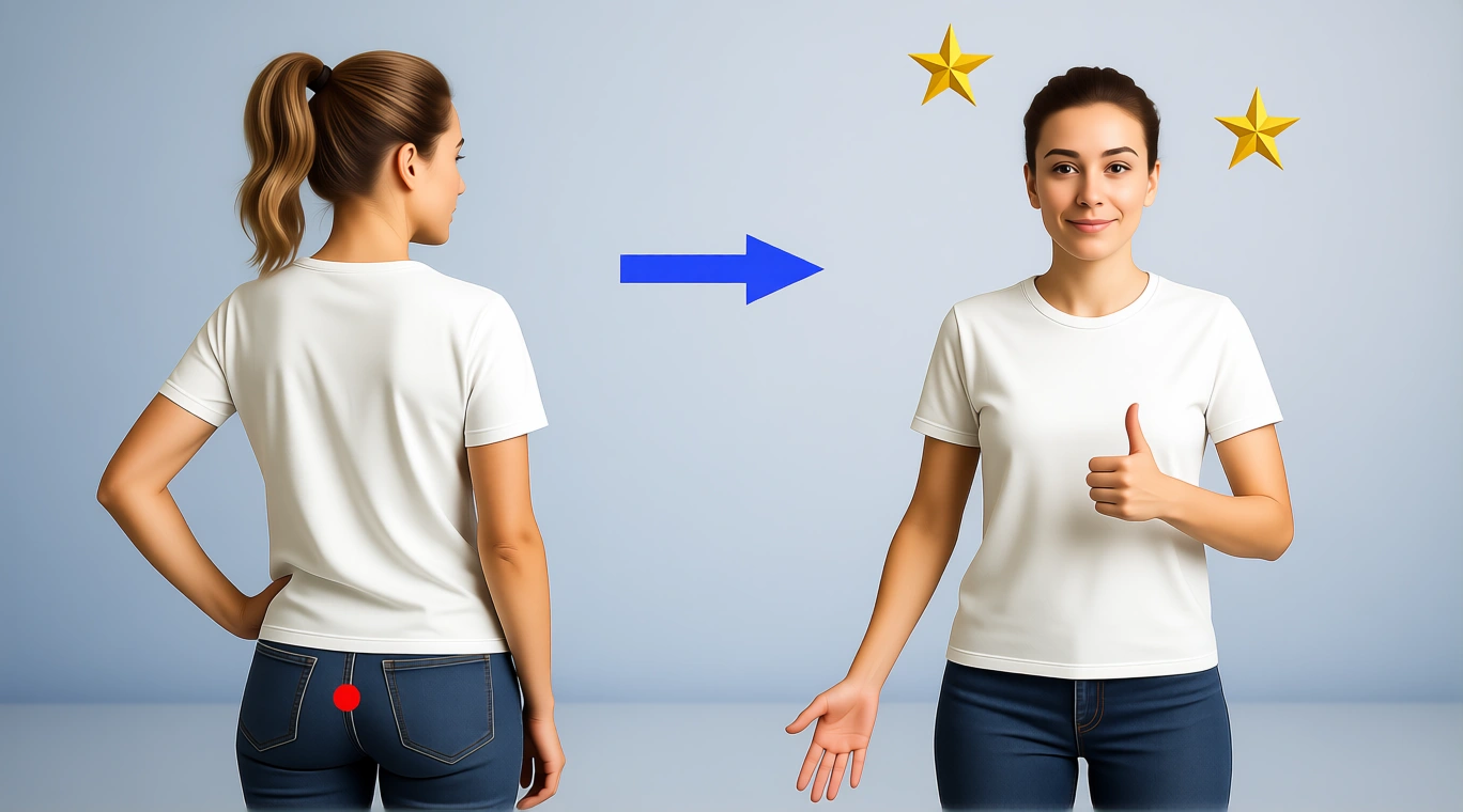 Billedet viser to personer. Den ene har smerter i halebenet. Den anden er blevet helbredt.