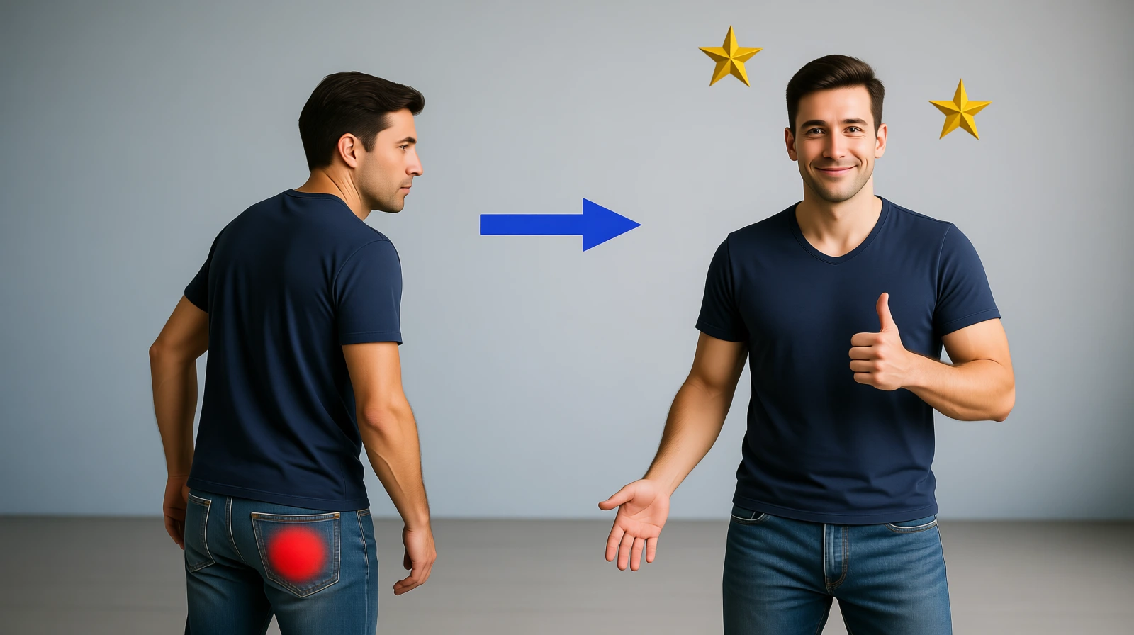 Billedet viser to personer. Den ene har smerter i ballen. Den anden er blevet helbredt.