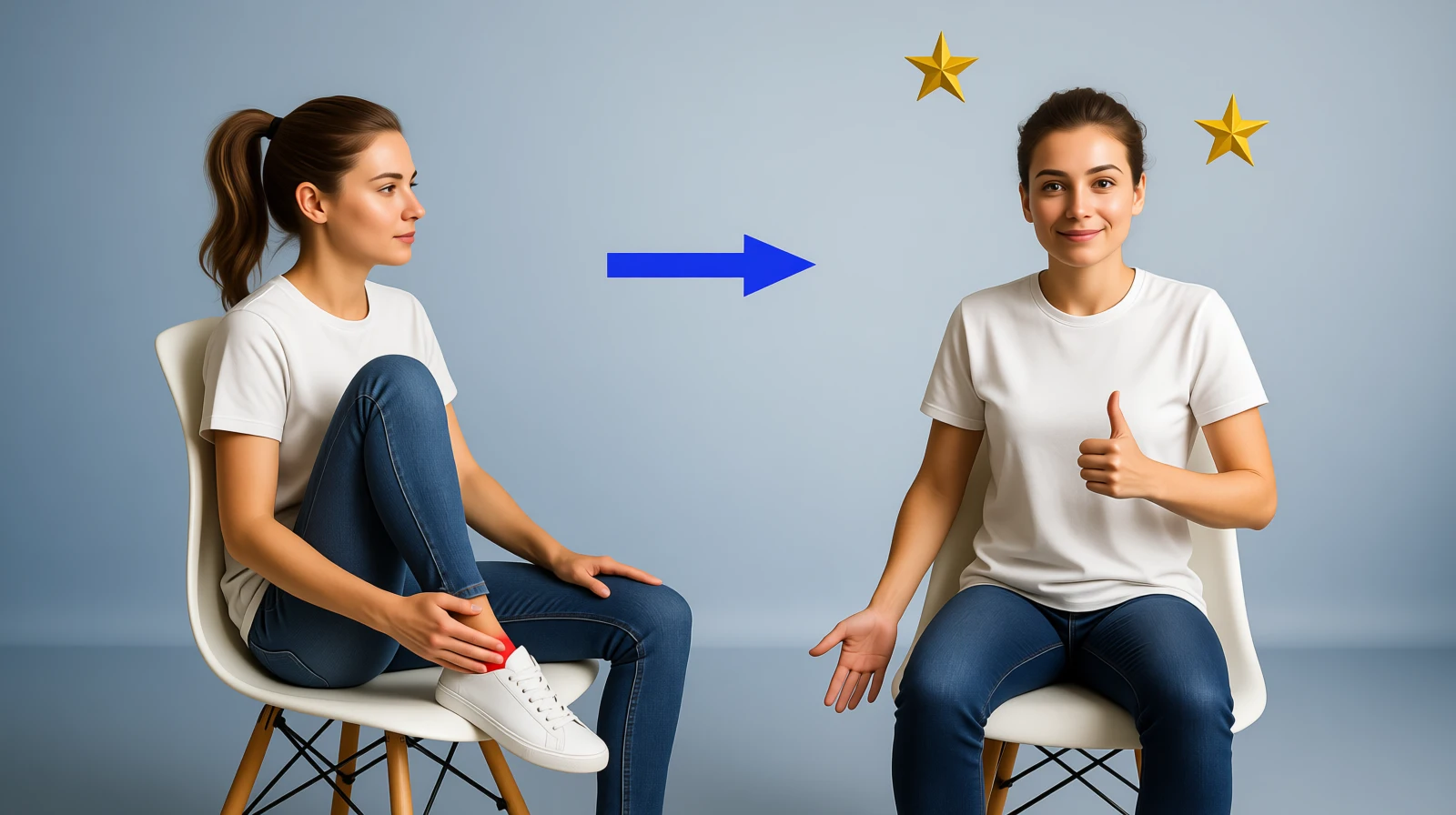 Billedet viser to personer. Den ene har smerter i anklen. Den anden er blevet helbredt.