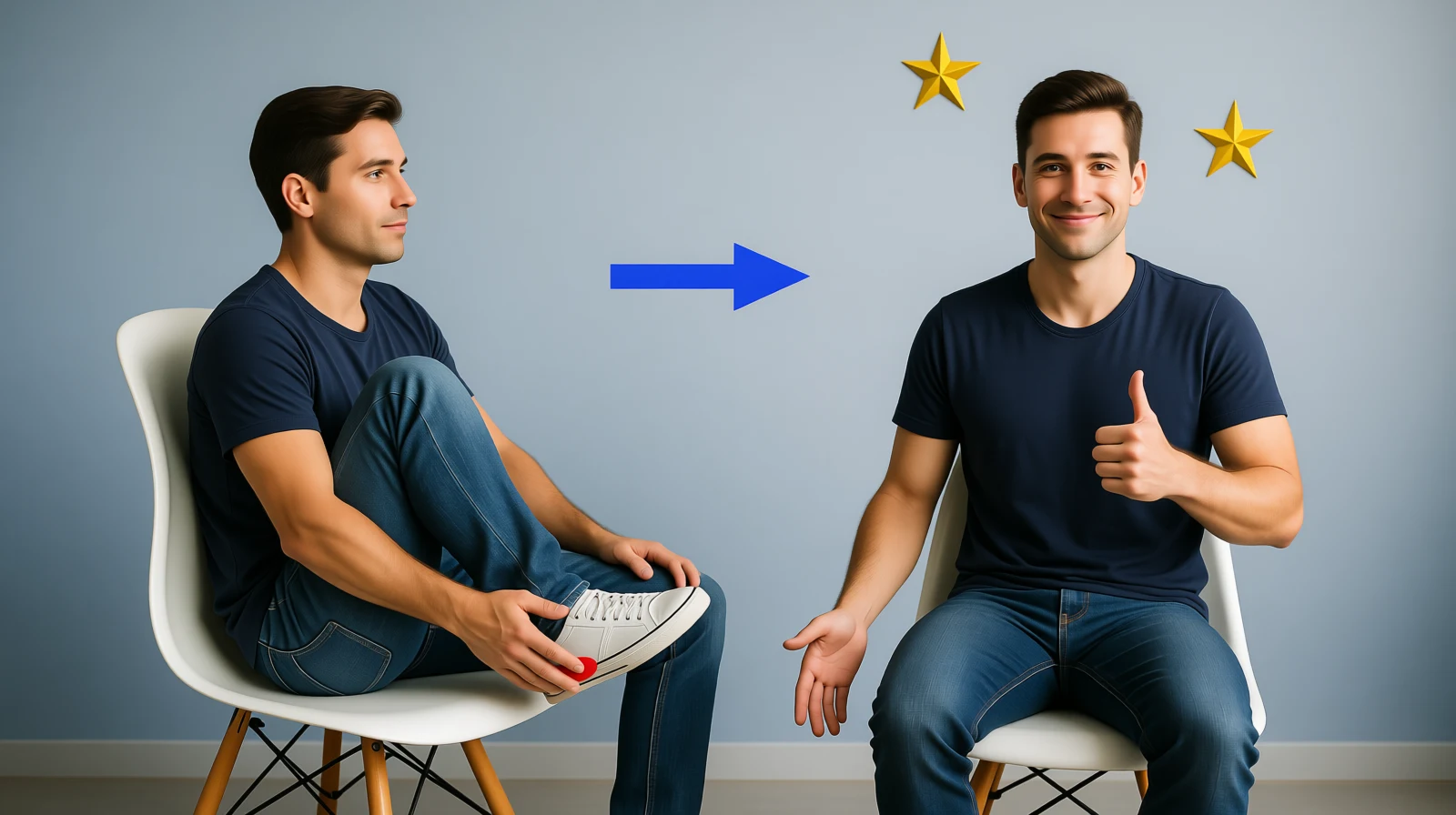 Billedet viser to personer. Den ene har smerter i hælen. Den anden er blevet helbredt.