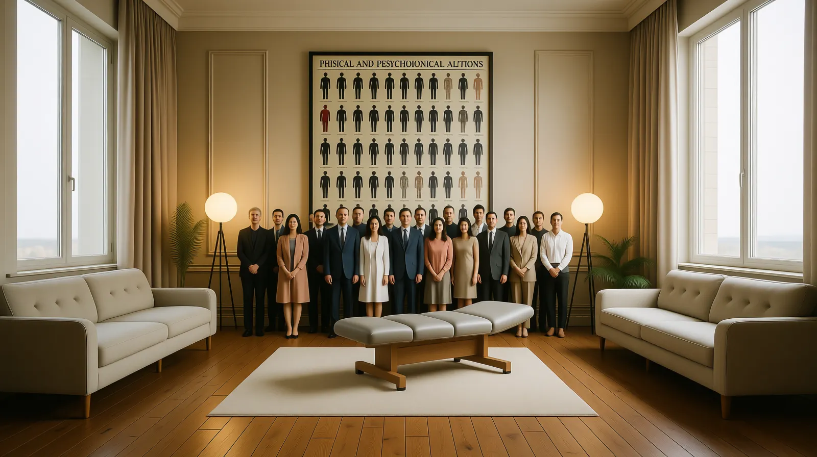 Billeder viser en behandlerbriks i et meget stort lokale.