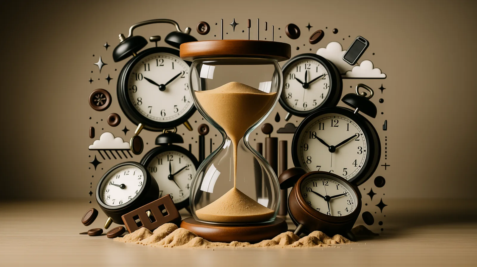 Billedet viser et timeglas med en mængde ure rundt omkring.