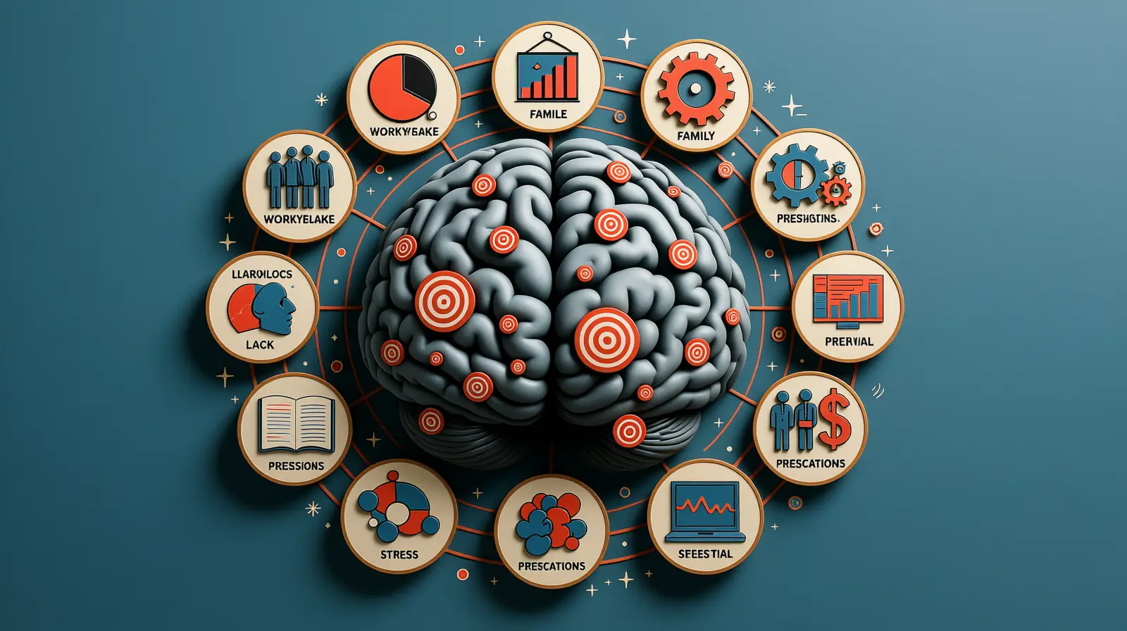 Billedet viser en hjerne, hvor der svæver mange udfordringer rund omkring.