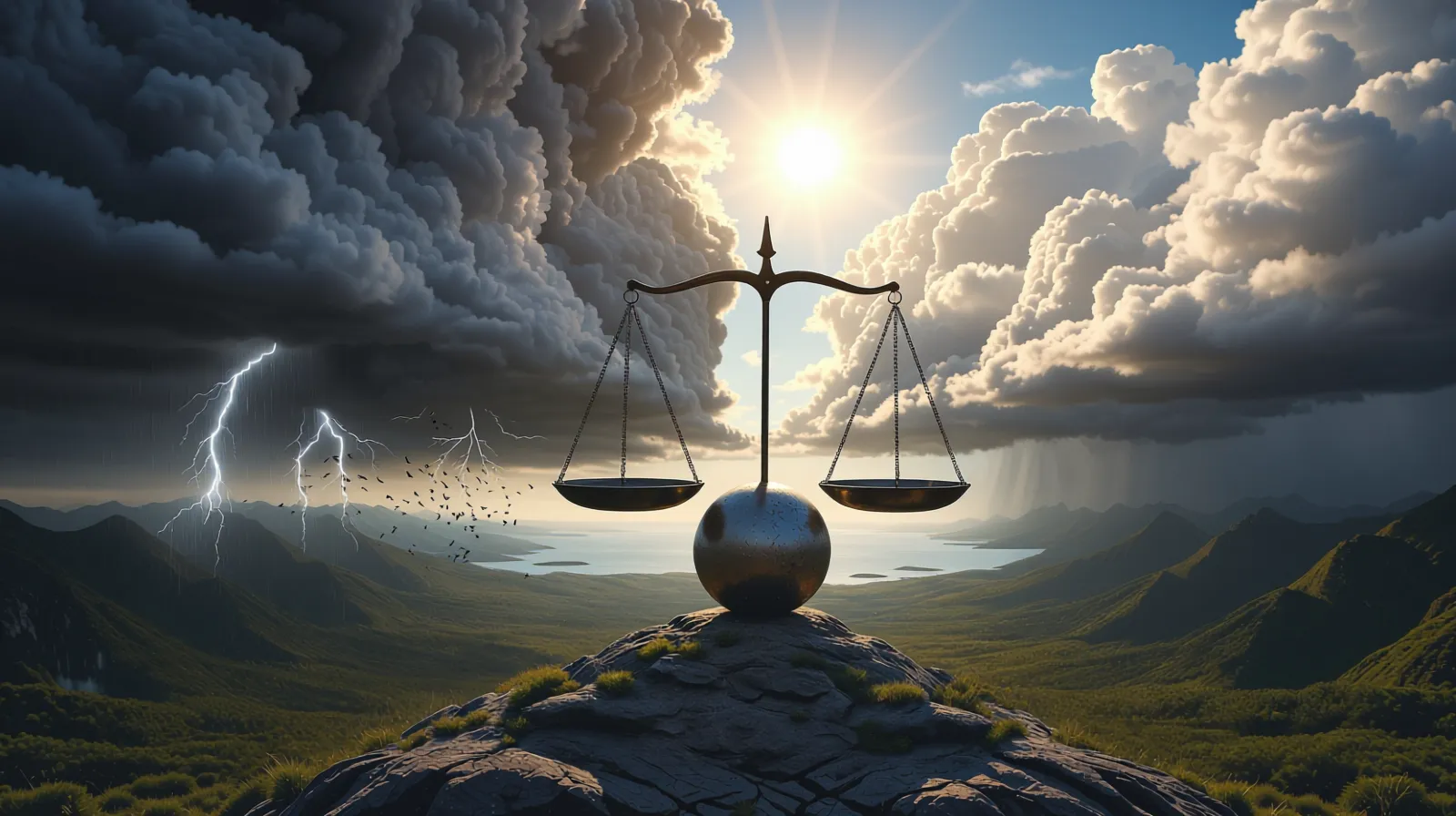 Billedet viser en stor vægt i balance stående på en bakketop.