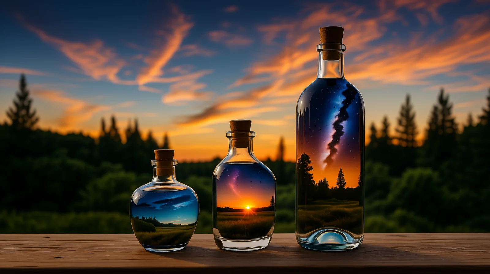 Billedet viser 3 flasker med en verden til forskel indeni.