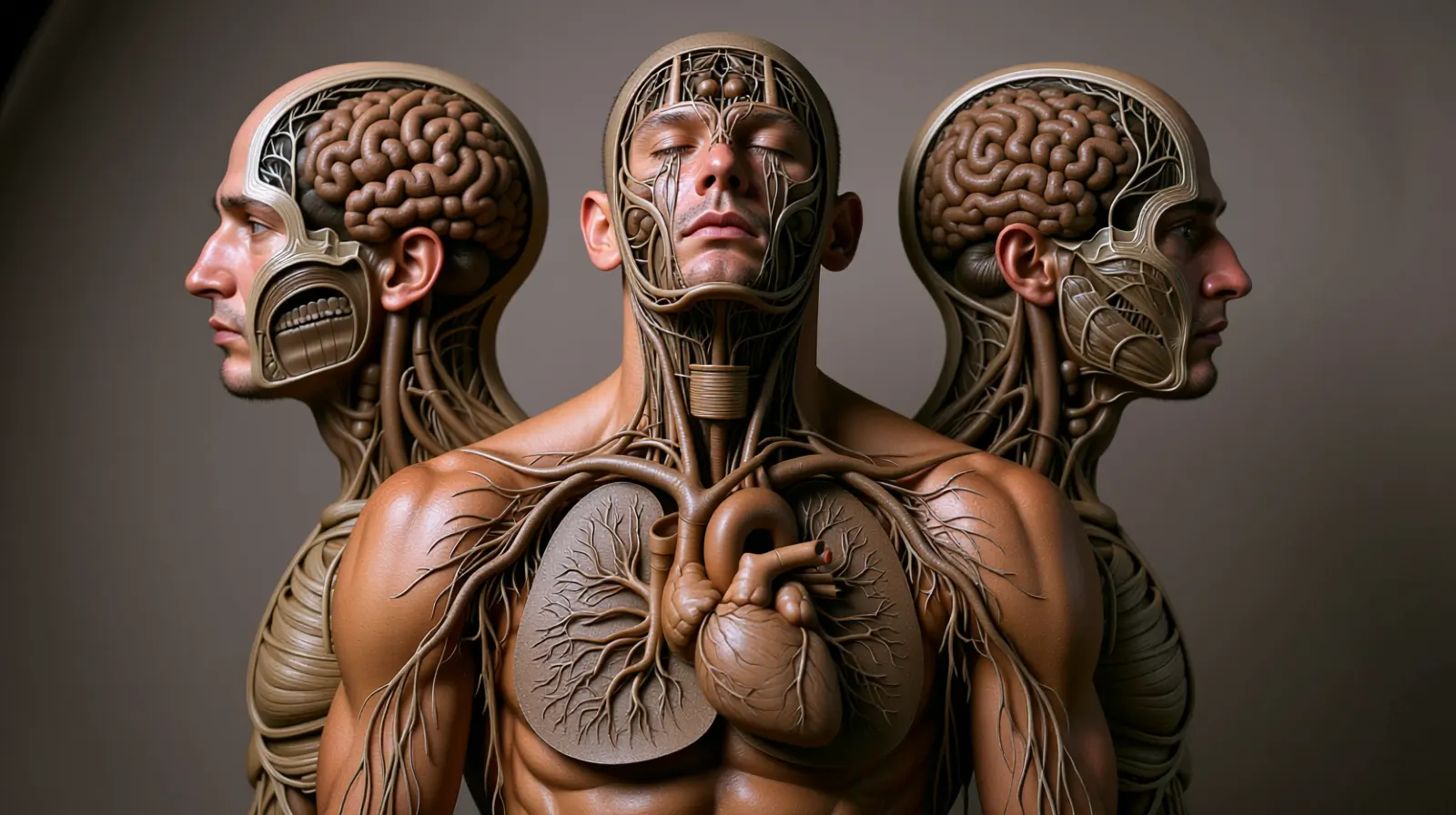 Billedet viser den samme person fra 3 vinkler, hvor hjernen er synlig hos alle tre personer.