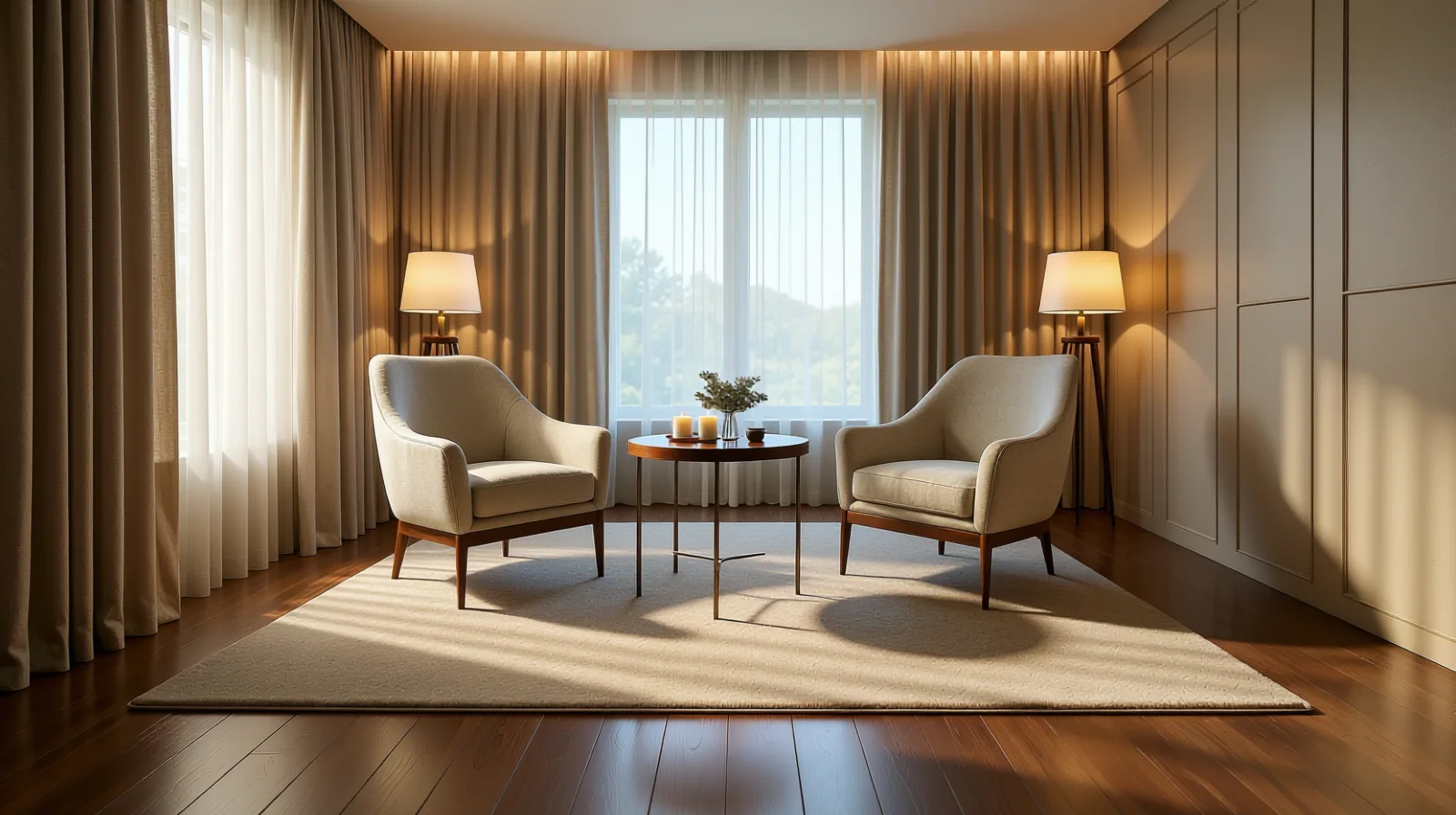 Billedet viser et coaching lokale med to stole og et bord.