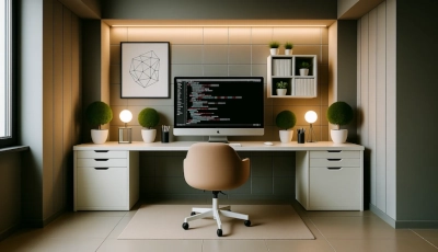 Billedet viser et programmeringsrum, hvor der står en computer på et bord.