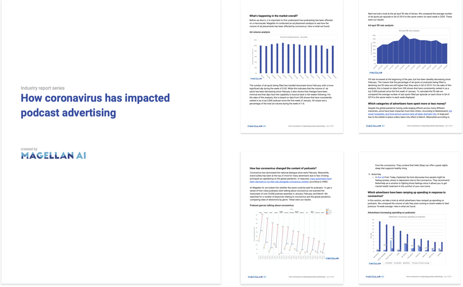 Flat lay of the first 5 pages of Magellan AI's report on how Coronavirus impacted podcast advertising