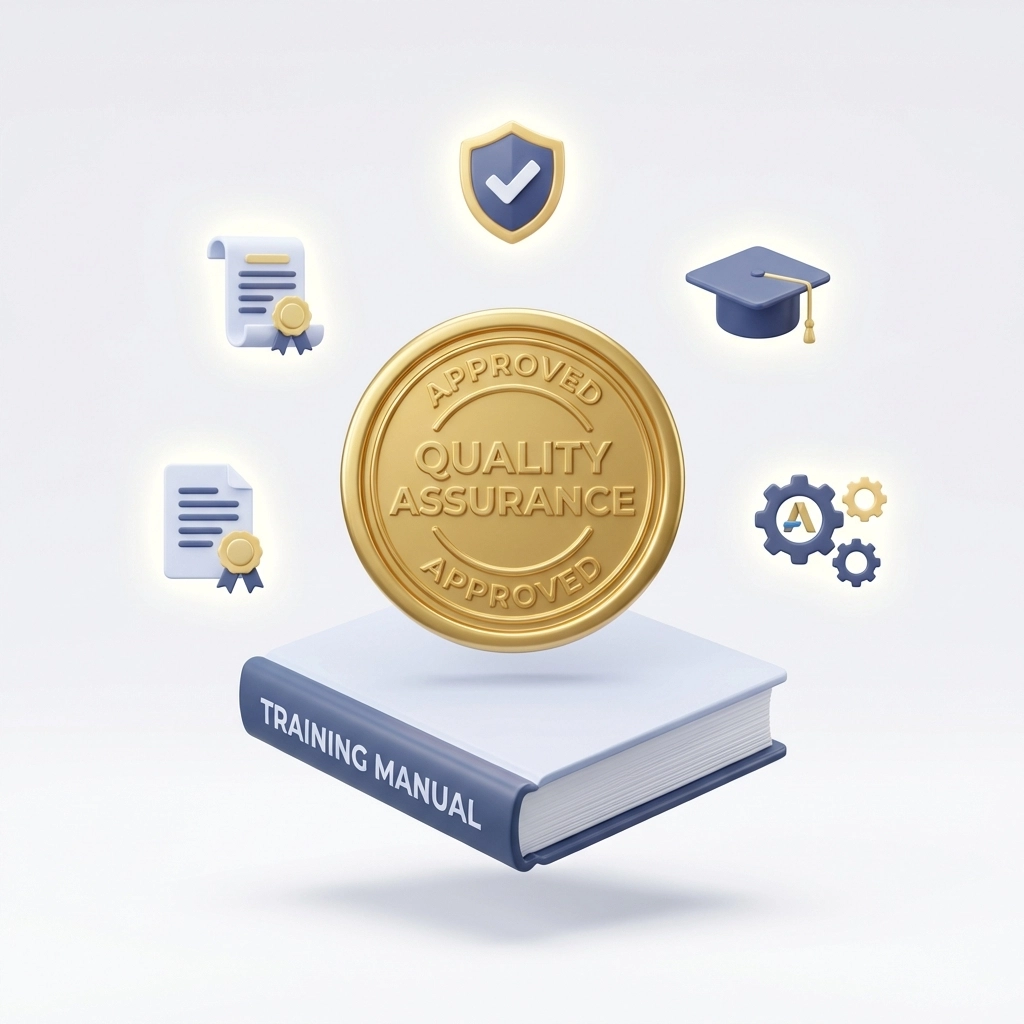 Golden seal and certificates emphasize choosing accredited first aid training providers meeting HSE standards