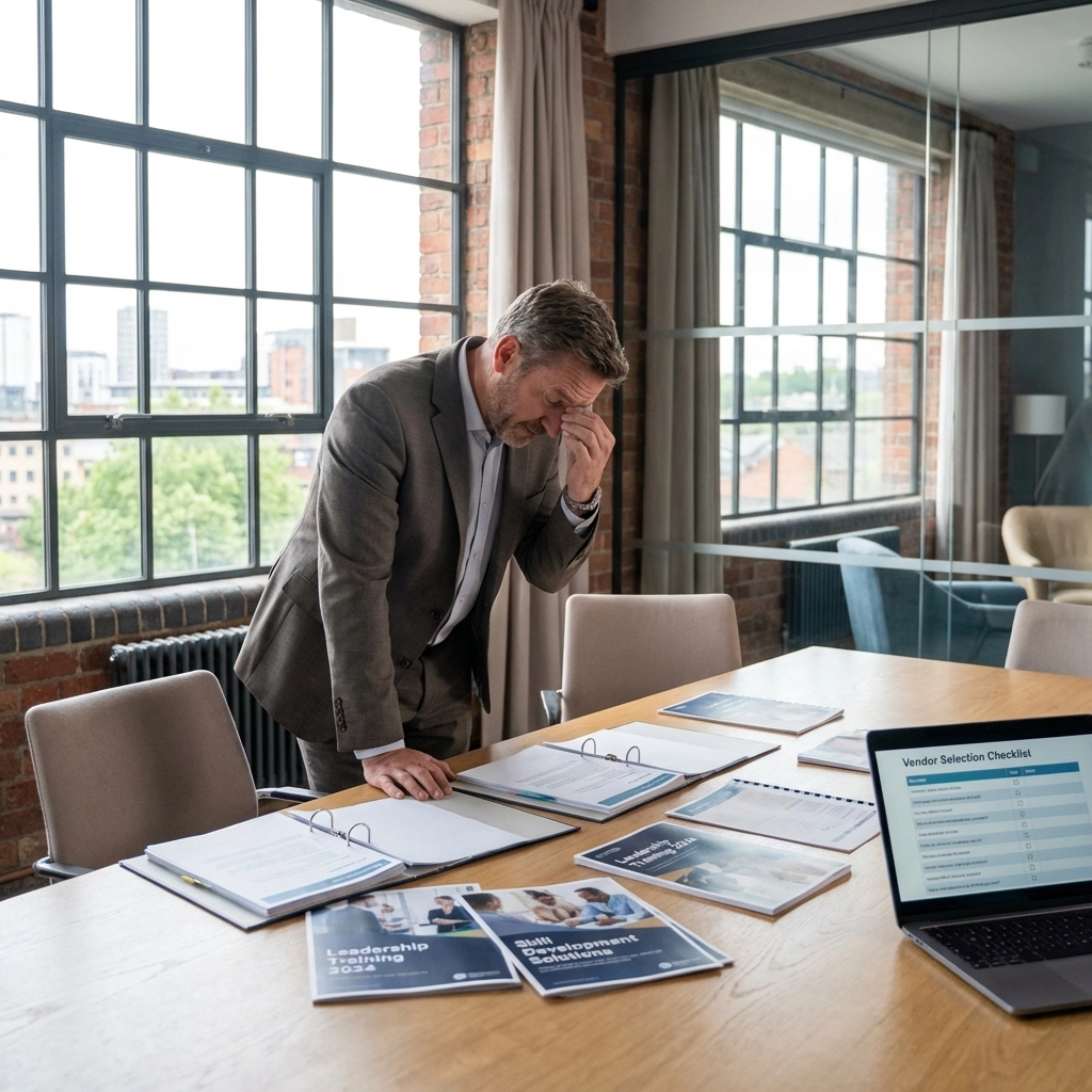 Business manager reviews first aid training provider options in UK office, showing decision-making process for compliance