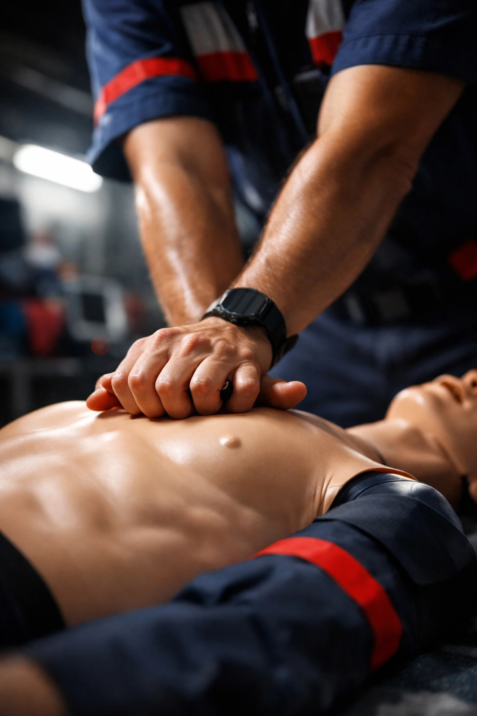 First responder demonstrating chest compressions on CPR training mannequin during Heart Month 2026