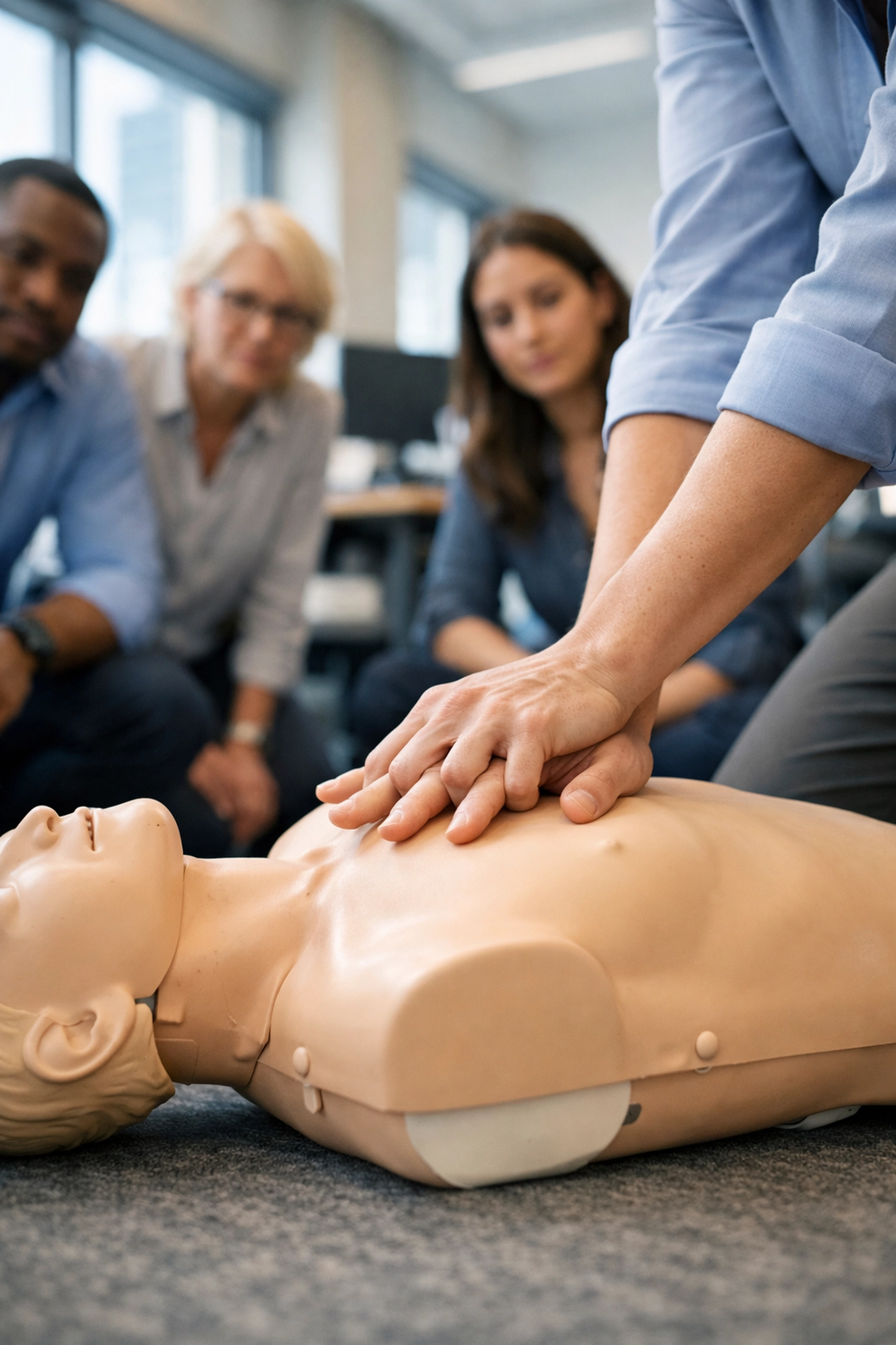 Office workers learning CPR chest compressions on training mannequin during workplace first aid course