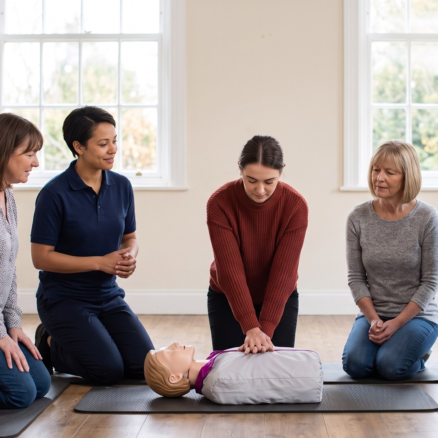 Learners kneel around a CPR manikin while one practises chest compressions during a first aid course