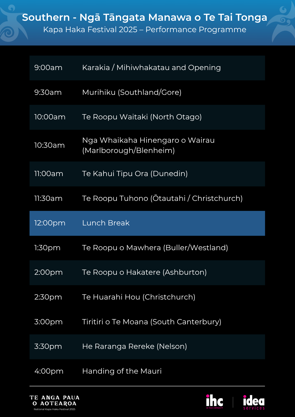 9:00am Karakia / Mihiwhakatau and Opening. 9:30am Murihiku (Southland/Gore). 10:00am Te Roopu Waitaki (North Otago). 10:30am Nga Whaikaha Hinengaro o Wairau (Marlborough/Blenheim). 11:00am Te Kahui Tipu Ora (Dunedin). 11:30am Te Roopu Tuhono (Ōtautahi / Christchurch). 12:00pm Lunch Break. 1:30pm Te Roopu o Mawhera (Buller/Westland). 2:00pm Te Roopu o Hakatere (Ashburton). 2:30pm Te Huarahi Hou (Christchurch). 3:00pm Tiritiri o Te Moana (South Canterbury). 3:30pm He Raranga Rereke (Nelson). 4:00pm Handing of the Mauri. 