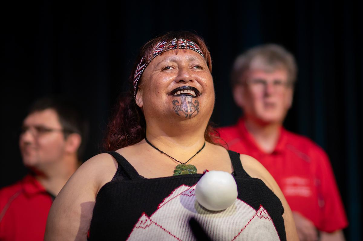 Ropu member performing at Ngā Tāngata Manawa o te Tai-tonga Kapa Haka Festival in the Southern Region
