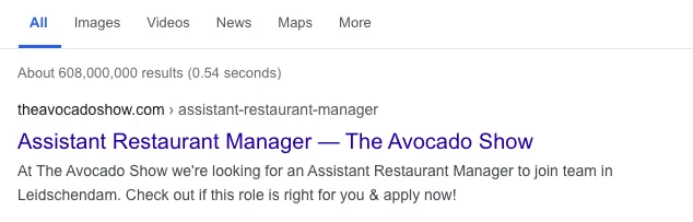 Screenshot of a meta title and meta description for a job post of an open Assistant Restaurant Manager role