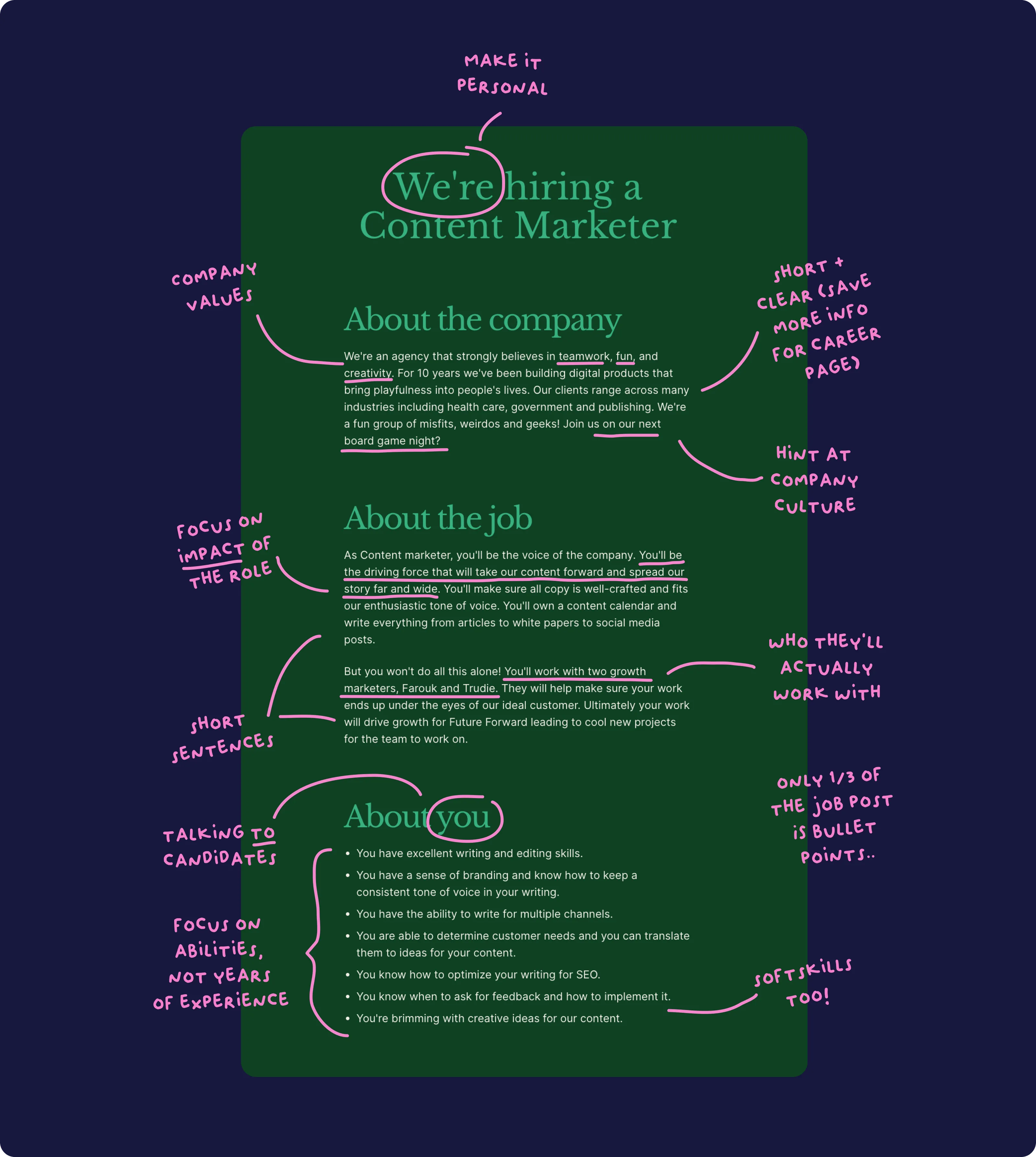 Example of a compelling job post that was created with Homerun's hiring software.