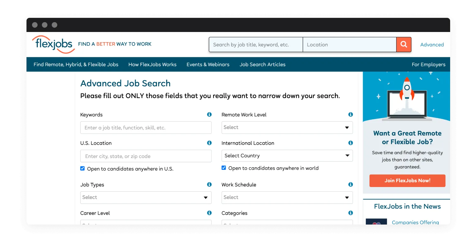 Screenshot of FlexJobs website.